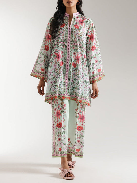 Symmetrical Floral Print Ban Neck Set