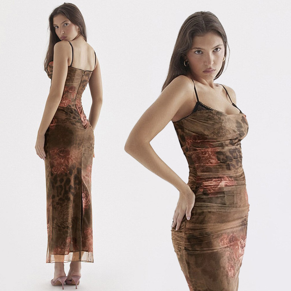 AKIRA BODYCON BROWN PRINTED MAXI DRESS with STRAPS