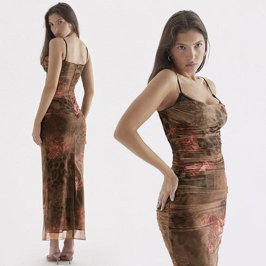 AKIRA BODYCON BROWN PRINTED MAXI DRESS with STRAPS