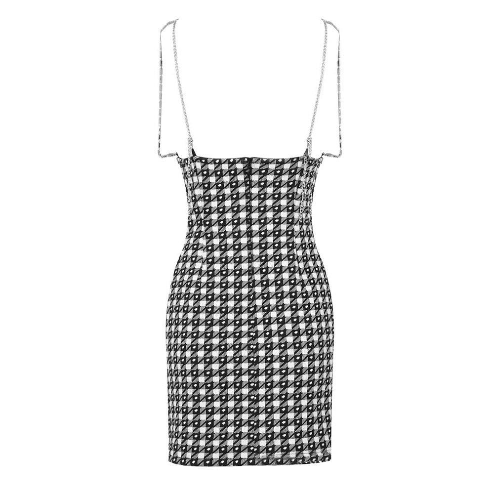ESTEMA HOUNDSTOOTH V NECK CRYSTAL BOW TIE MINI DRESS