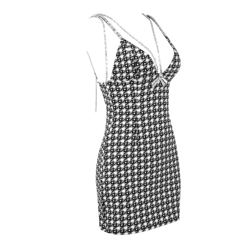 ESTEMA HOUNDSTOOTH V NECK CRYSTAL BOW TIE MINI DRESS