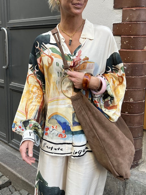 Landscape Print Loose Shirt-White