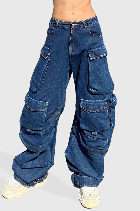 BLUE LOW WAISTED CARGO JEANS with POCKETS