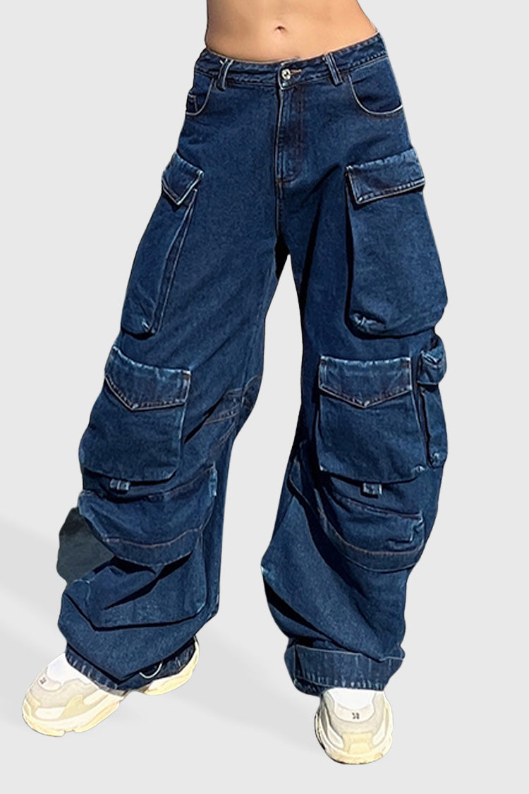 BLUE LOW WAISTED CARGO JEANS with POCKETS