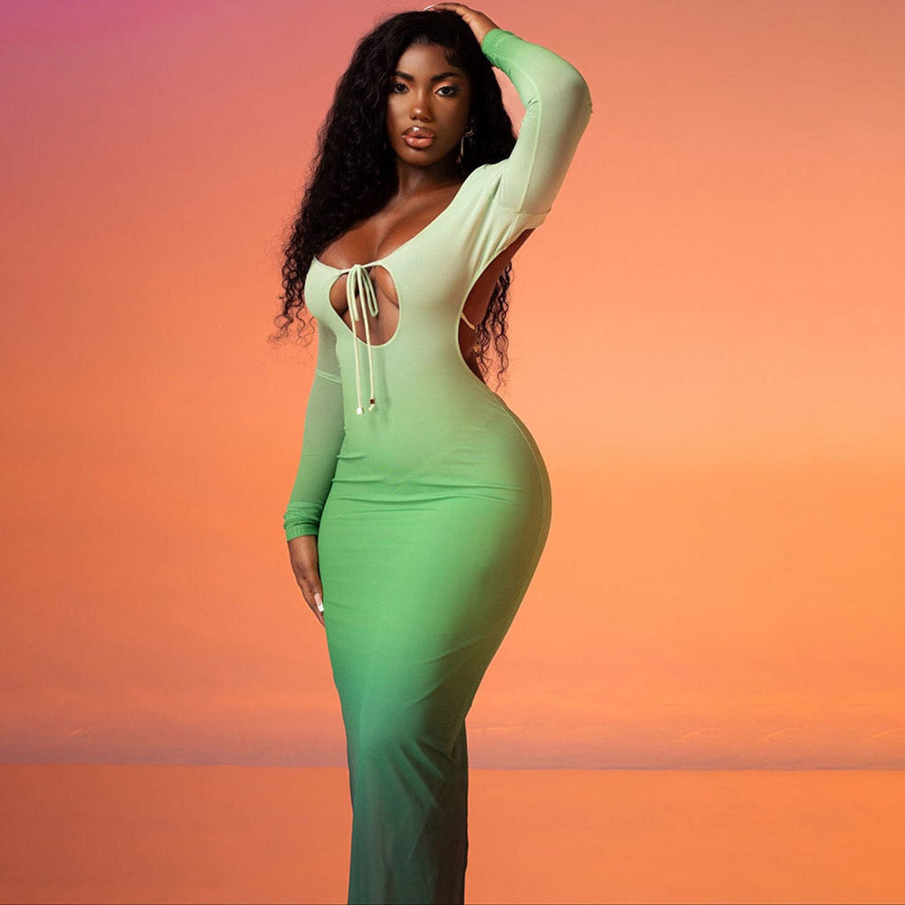 YAYOU GRADIENT COLOR BODYCON MAXI DRESS