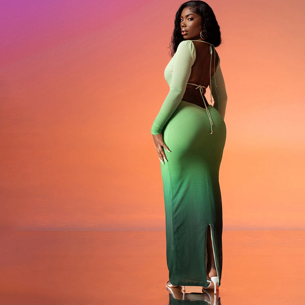 YAYOU GRADIENT COLOR BODYCON MAXI DRESS