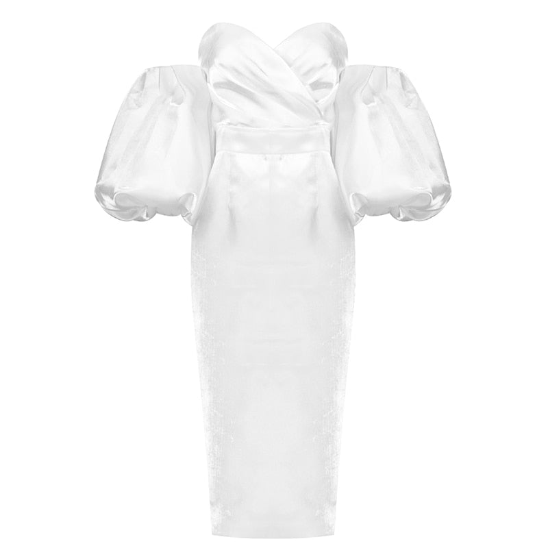 ELLIA PUFF SLEEVE SATIN MIDI DRESS