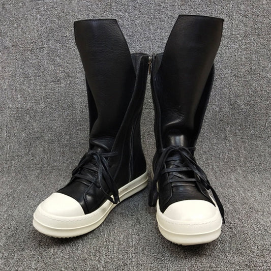 Leather Sneakers : Black Round Toe High-top Unisex