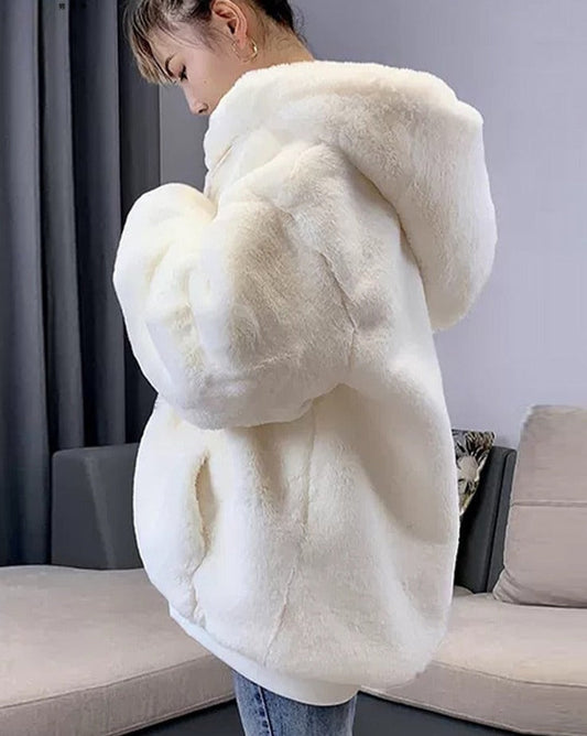 Warm Fluffy Loose White Hoodie for Women