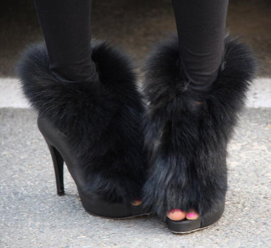 Brian Atwood Inspired Black Fur Sandals Peep-Toe Booties