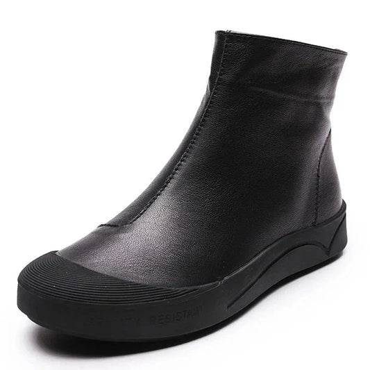 Flat Leather Ankle Black Boots for Women