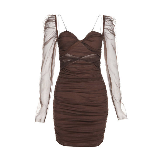 TAKAKO AUBURN MESH LONG SLEEVE MINI DRESS