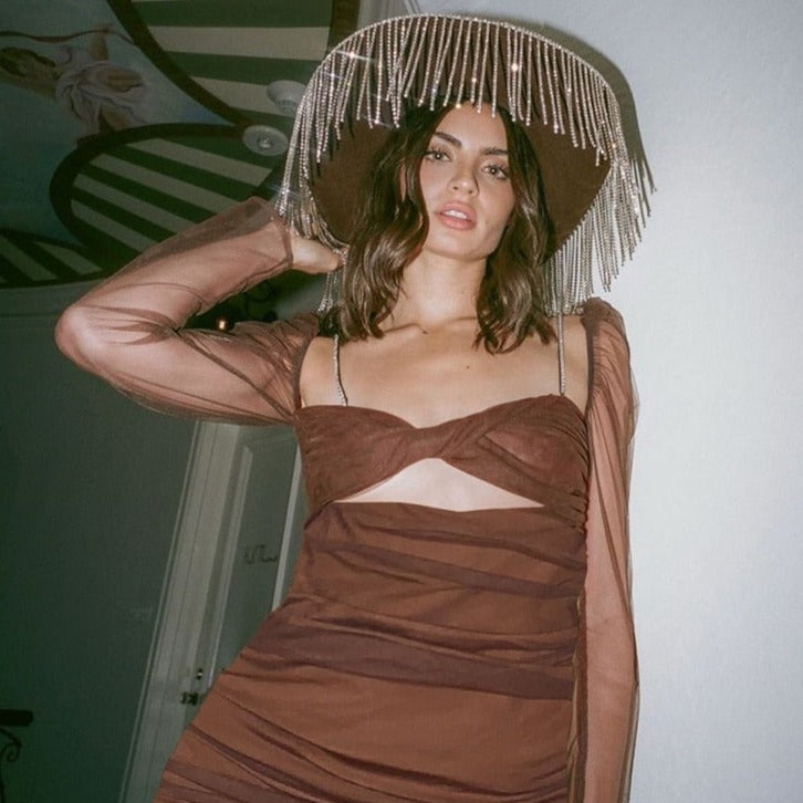 TAKAKO AUBURN MESH LONG SLEEVE MINI DRESS