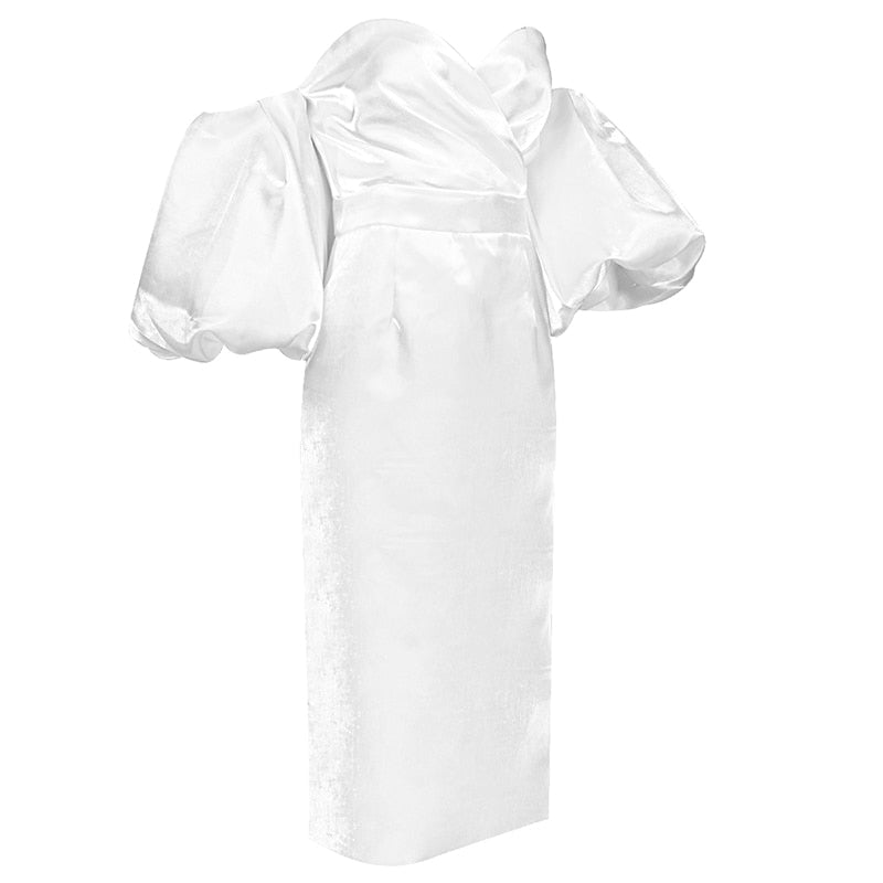 ELLIA PUFF SLEEVE SATIN MIDI DRESS