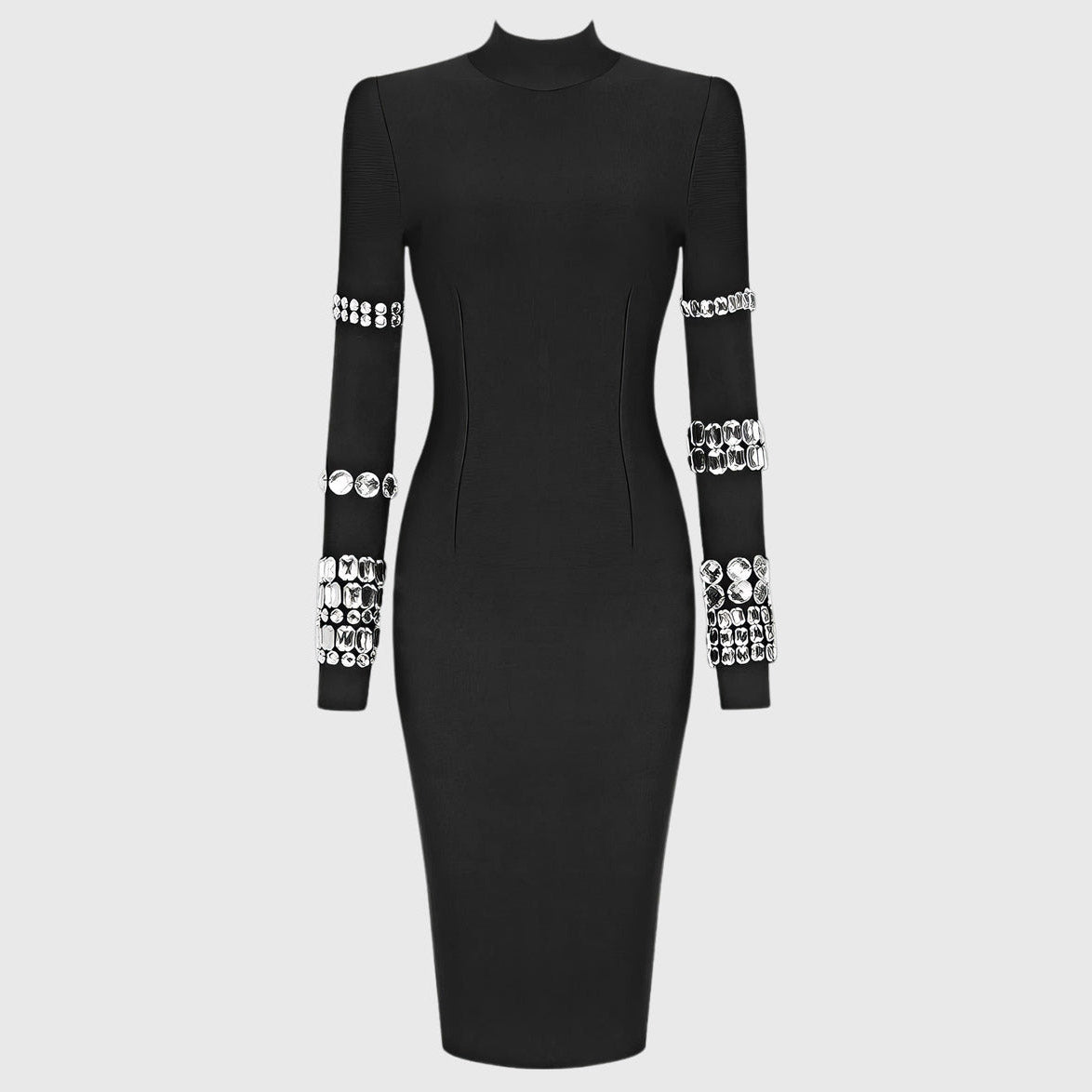 BLACK HIGH NECK MIDI DRESS with RHINESTONES
