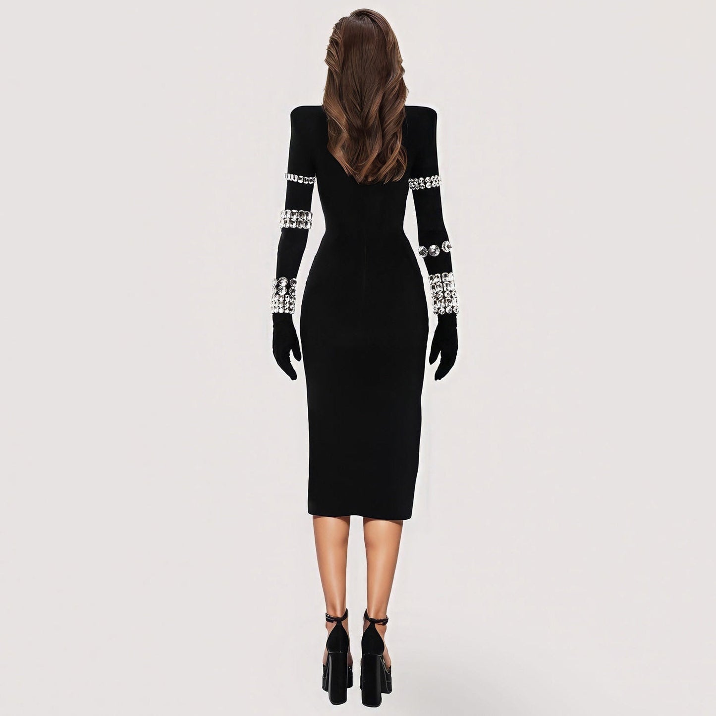 BLACK HIGH NECK MIDI DRESS with RHINESTONES