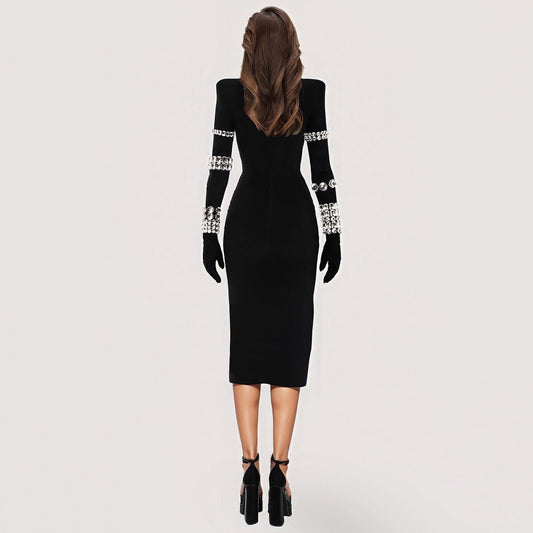 BLACK HIGH NECK MIDI DRESS with RHINESTONES