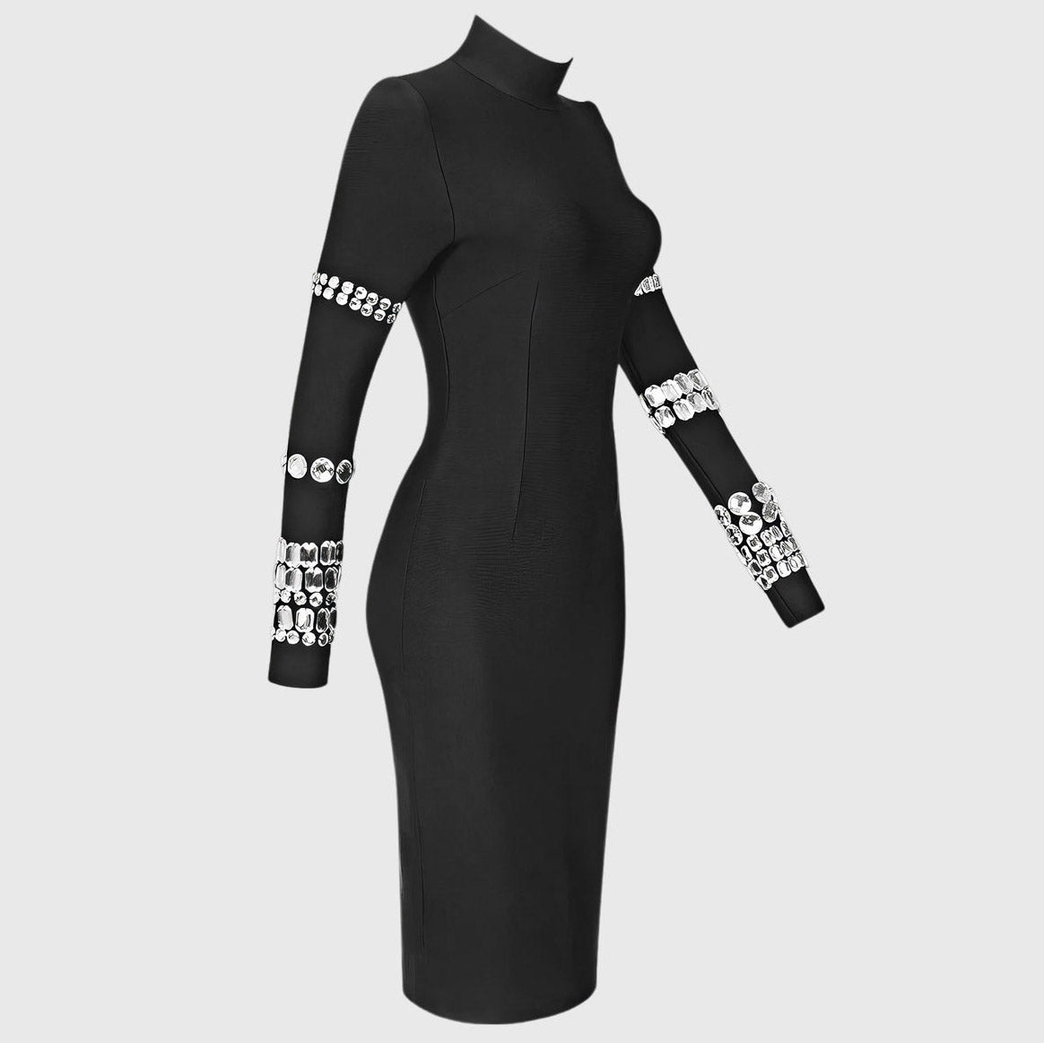 BLACK HIGH NECK MIDI DRESS with RHINESTONES