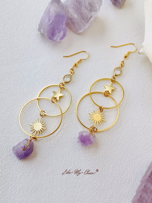 Boho Star & Sun Natural Amethyst Earrings