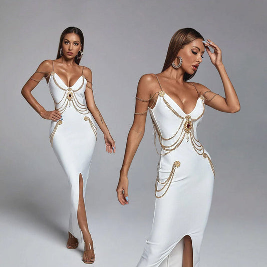 LILLY MAXI DRESS with GOLD CHAINS and FRONT SLIT