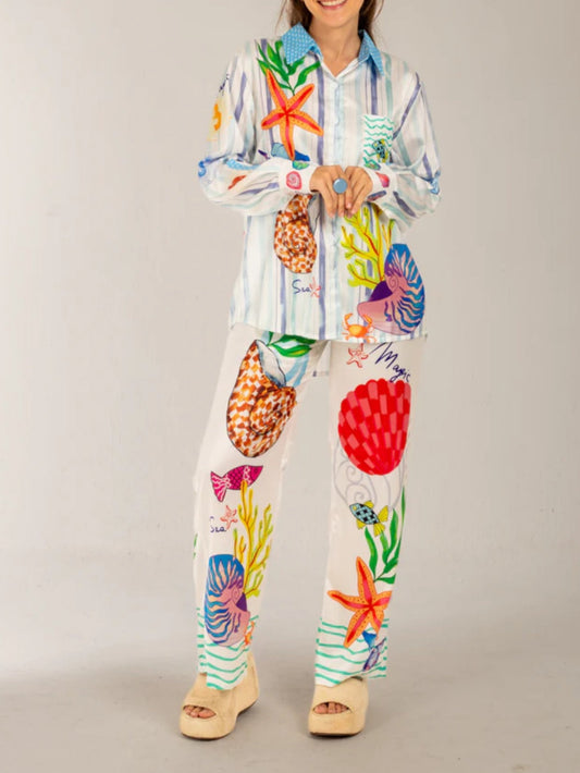 Ocean Print Theme Long Sleeve Collared Shirt
