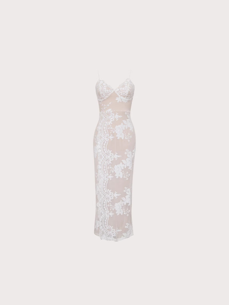 Elegant Rose Lace Irregular Slit Maxi Dress