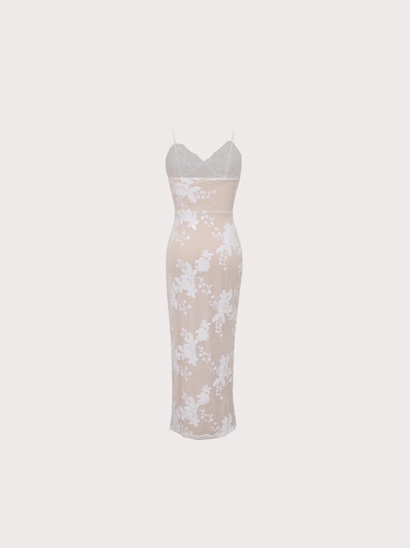 Elegant Rose Lace Irregular Slit Maxi Dress