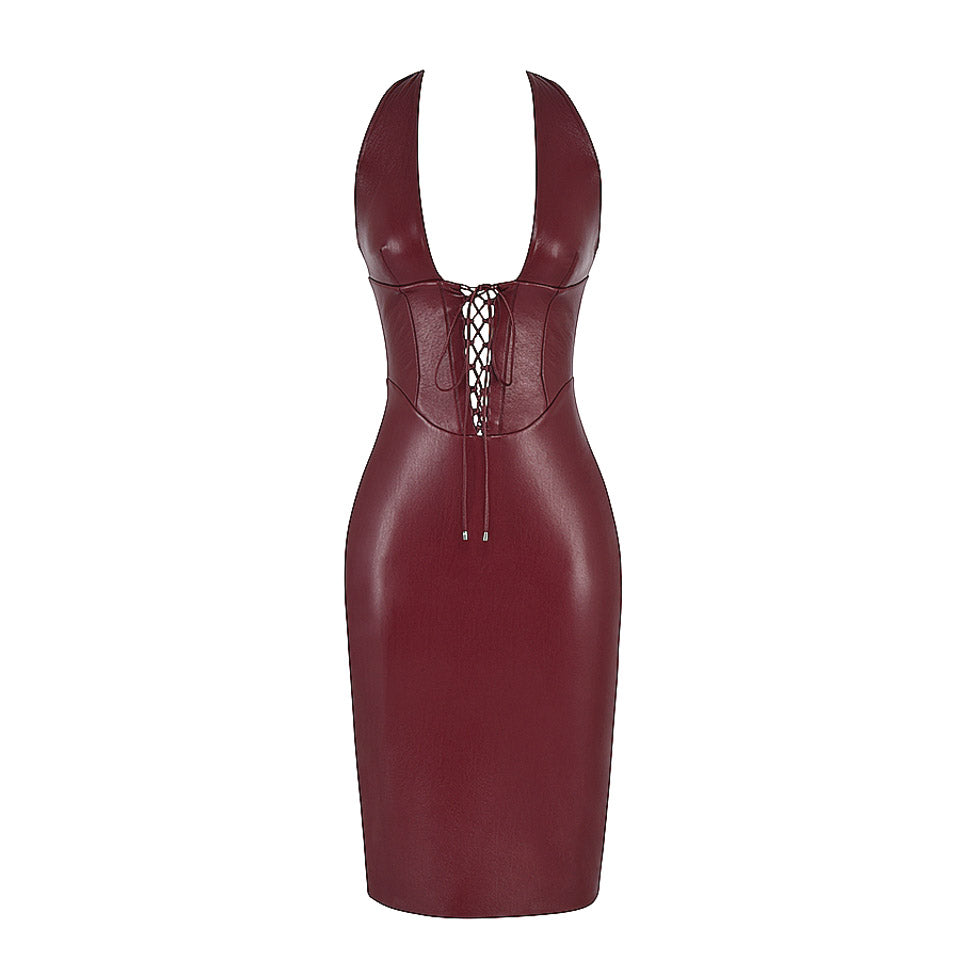 CHIYO LACE UP PU LEATHER BURGUNDY MIDI DRESS