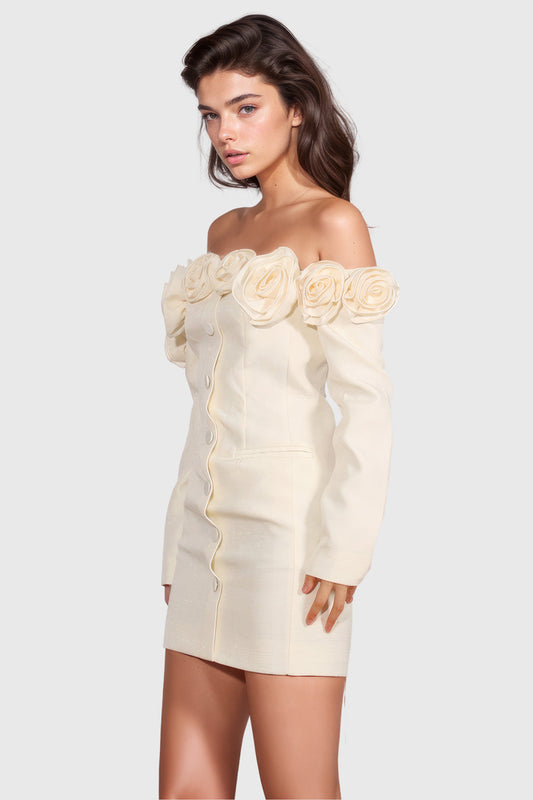 Long Sleeve Mini Dress with Roses - Light Yellow