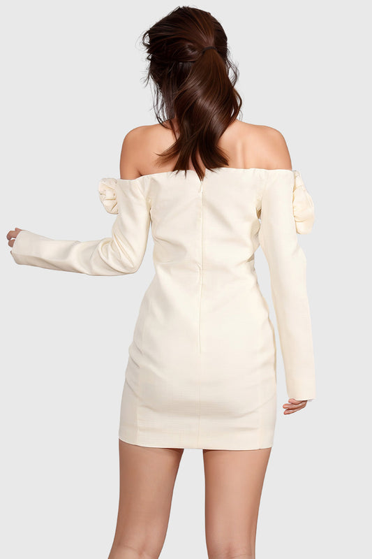 Long Sleeve Mini Dress with Roses - Light Yellow