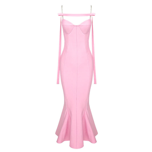 ARINNA PINK FRILLED BOTTOM BODYCON MIDI DRESS