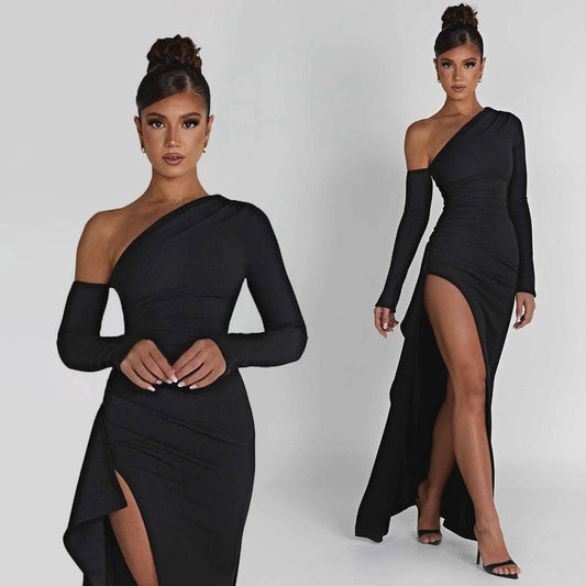 FUSAE ONE SHOULDER HIGHT SIDE SLIT BLACK MAXI DRESS