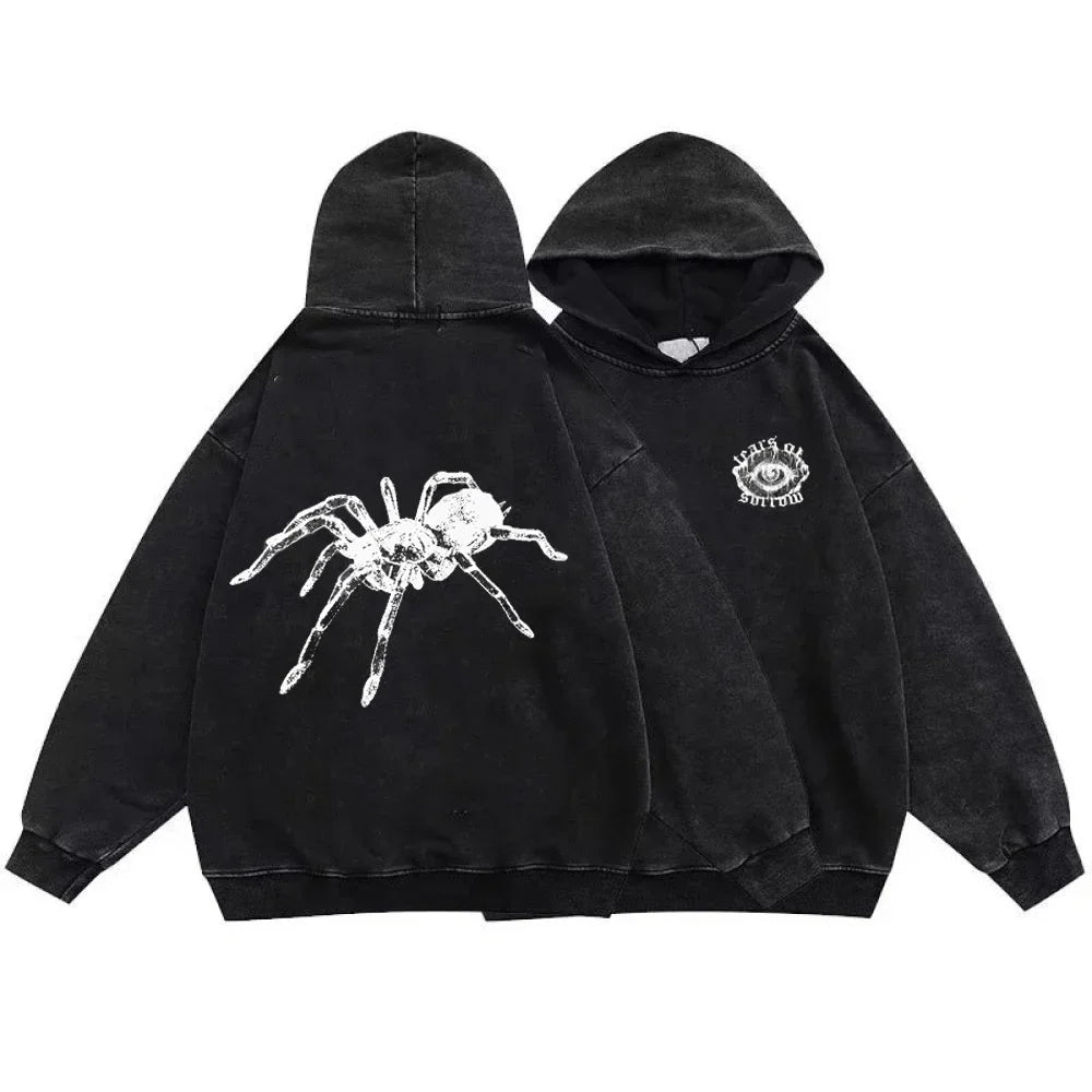 Washed Black Hoodie: Gothic Cotton Pullover Streetwear for Men and Women