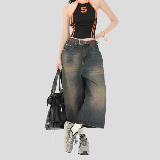 Vintage Streetwear Wide Leg Denim Shorts: Y2K Fashion Loose Knee-Length Pants
