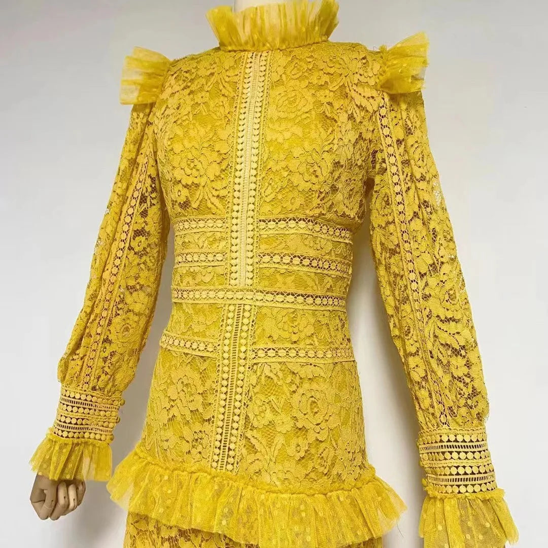 Textured Maxi Dress with Long Sleeves - Yellow