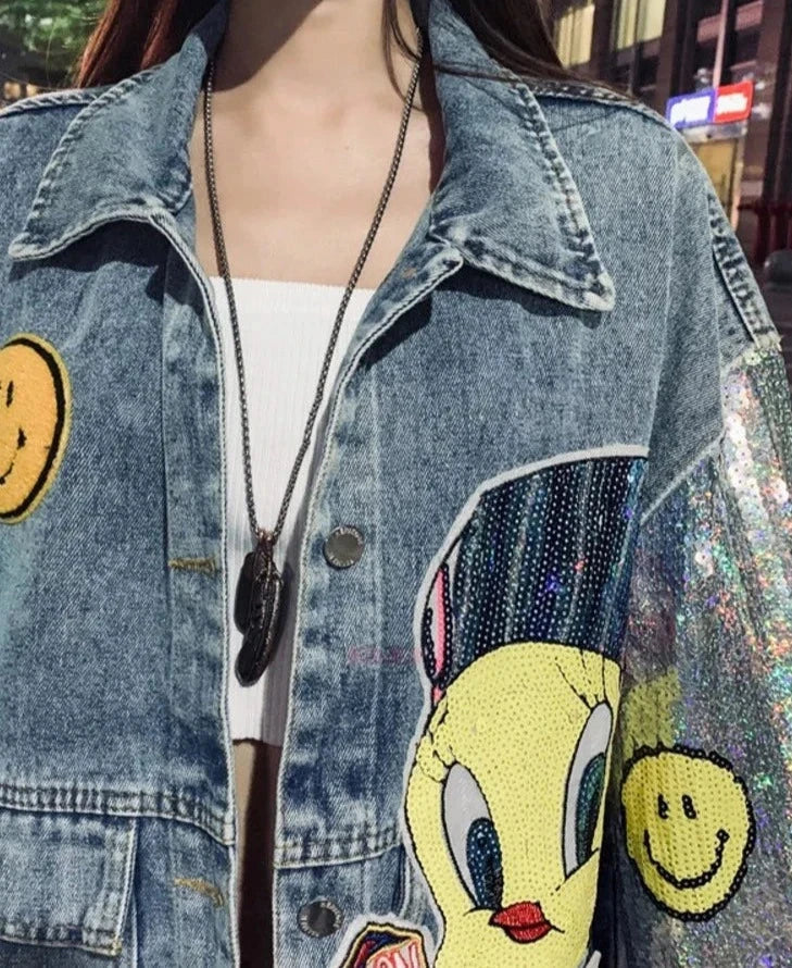 Denim Jacket Women's Cartoon Sequin Vintage Jean