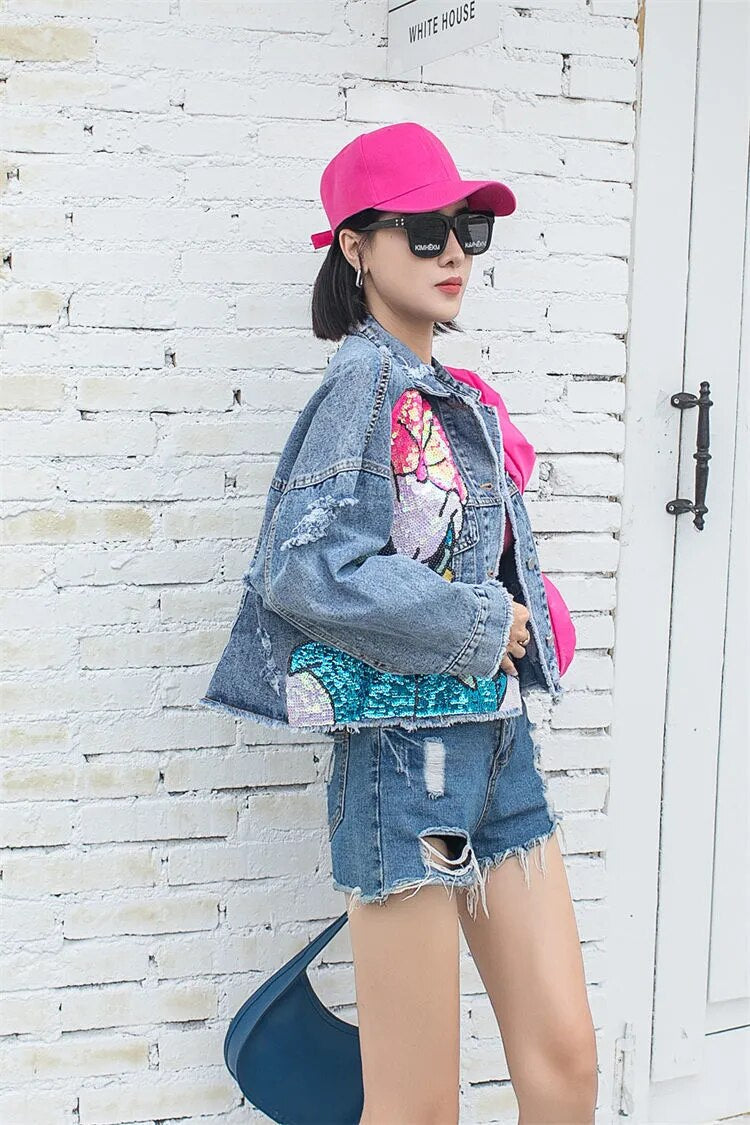 Short Jean Jacket with Cartoon Sequins for Teens