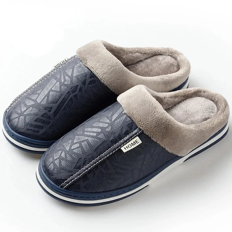 Unisex Waterproof Fur Slippers - Indoor PU Leather