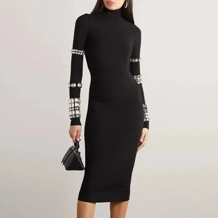 BLACK HIGH NECK MIDI DRESS with RHINESTONES