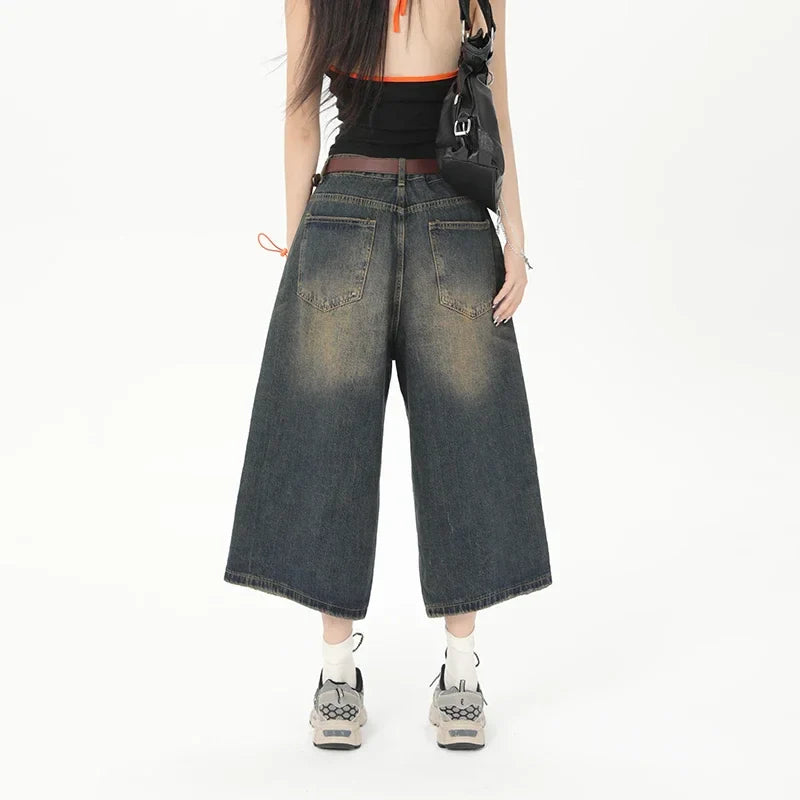 Vintage Streetwear Wide Leg Denim Shorts: Y2K Fashion Loose Knee-Length Pants