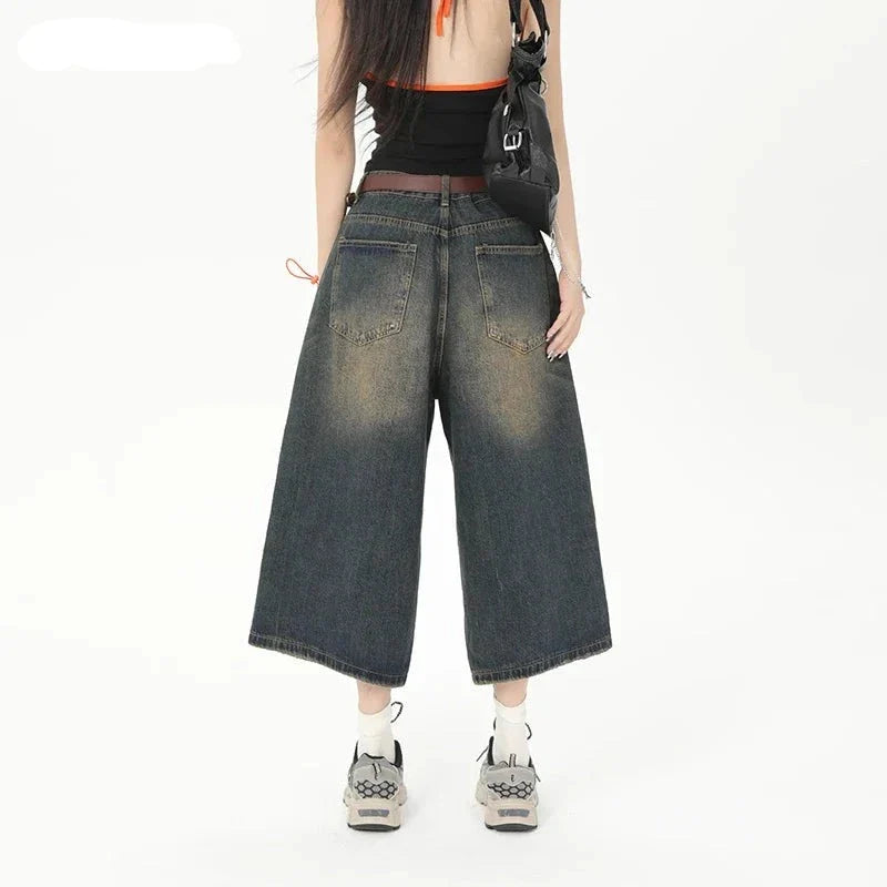 Vintage Streetwear Wide Leg Denim Shorts: Y2K Fashion Loose Knee-Length Pants