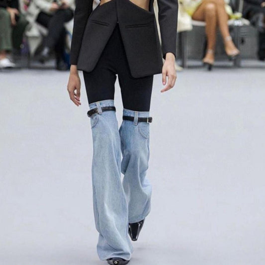 SACHIE KNEES WAIST FLARED DENIM PANTS