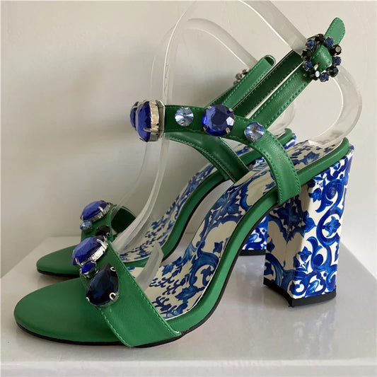 Blue Majolica-printed Ankle Strap Sandals Inspired by Dolce & Gabbana