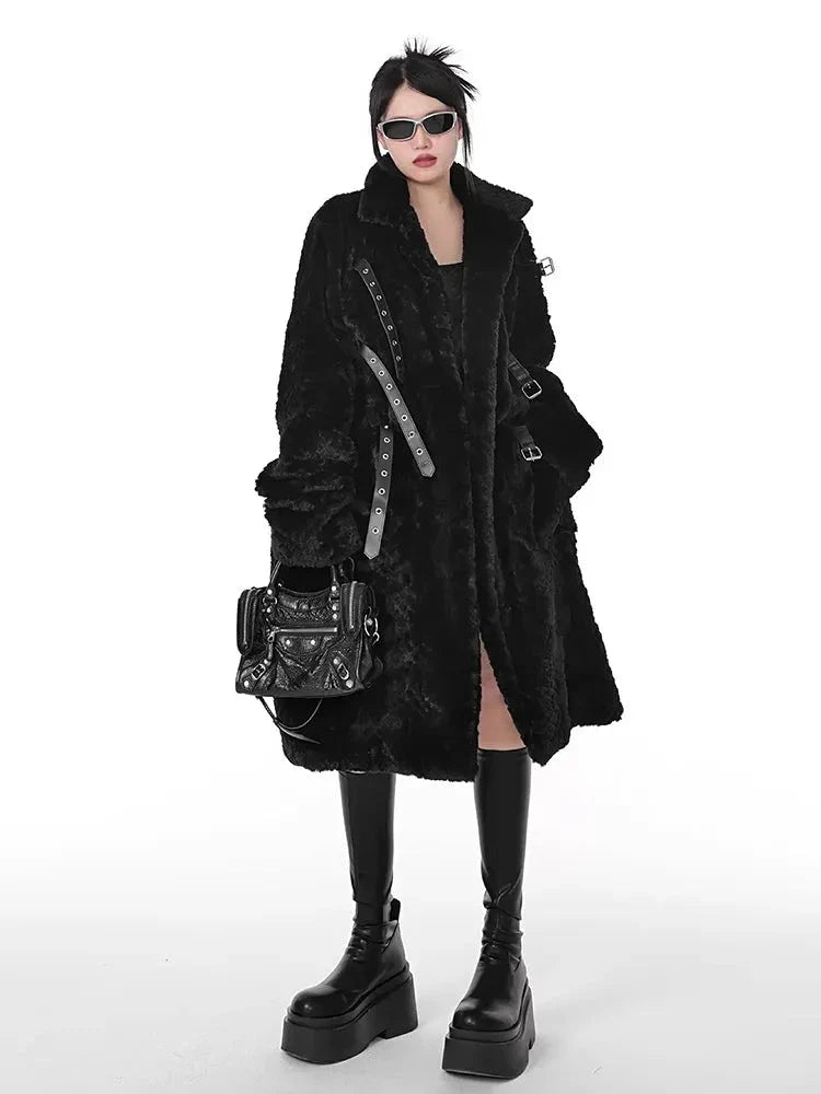 Punk Style Winter Women's Long Black Faux Fur Coat