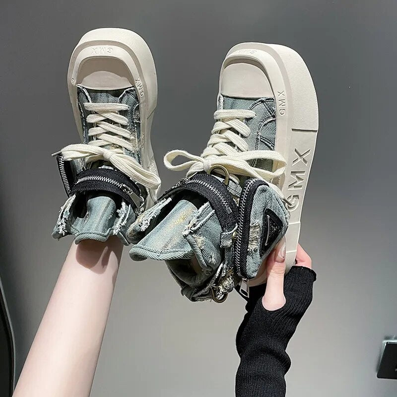 Women's Punk Gothic Denim Canvas Platform Ankle Boots