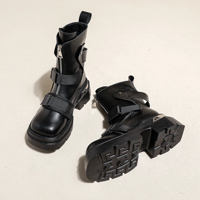 Chunky Platform Ankle Boots Trendy Belt Buckle Accent