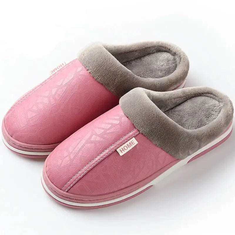Unisex Waterproof Fur Slippers - Indoor PU Leather