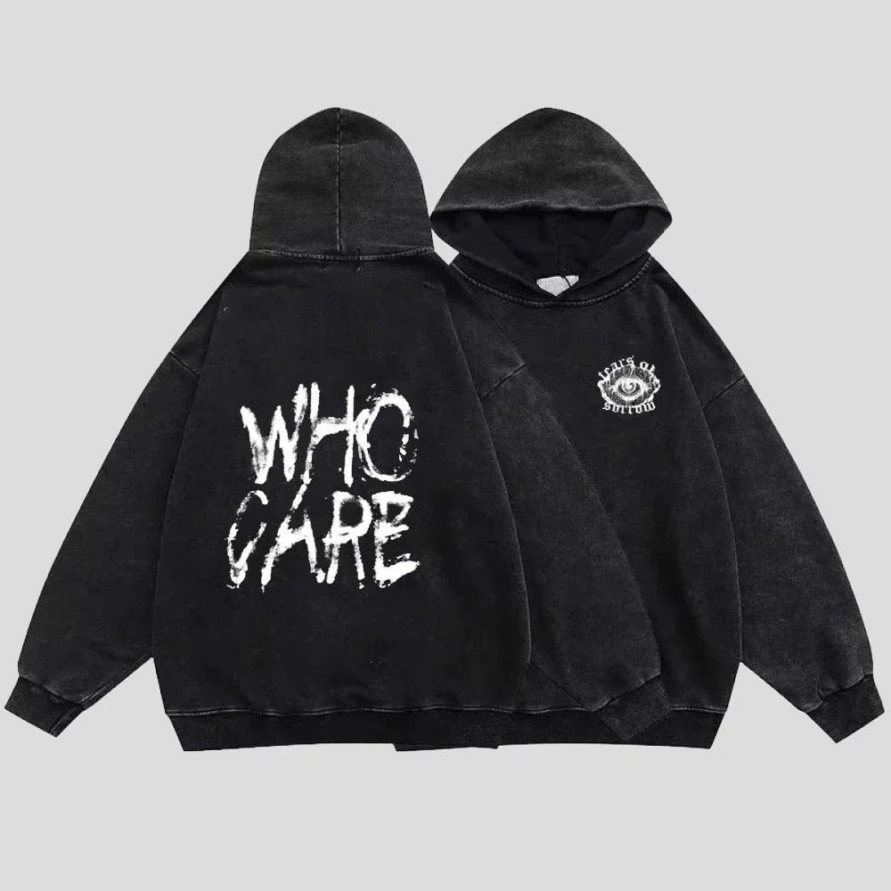 Washed Black Hoodie: Gothic Cotton Pullover Streetwear for Men and Women