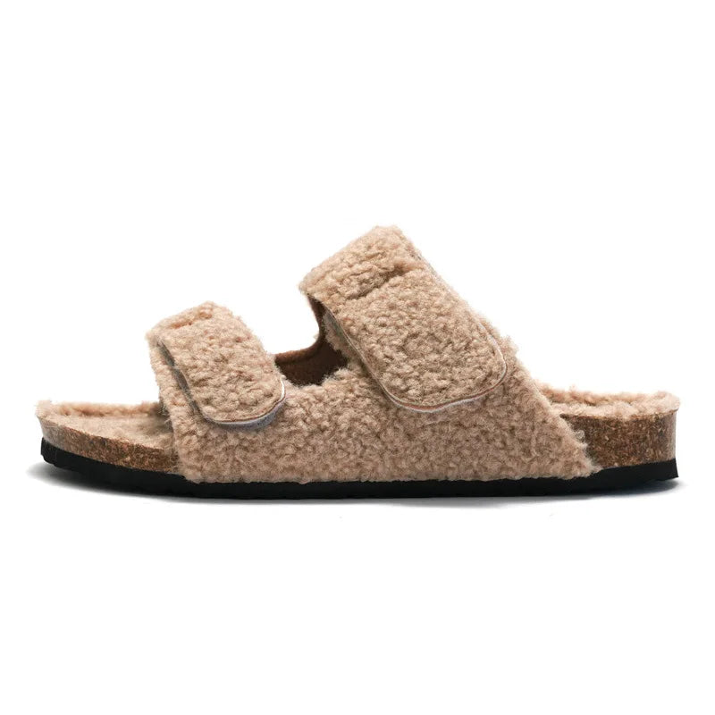 Cork Sole Slippers for Women with Furry Lining