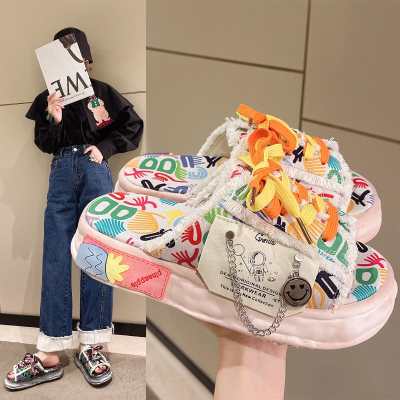Graffiti Strap Home Platform Slippers